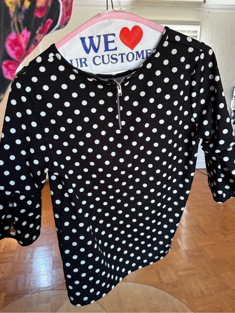Green Envelope Black & White Polka Dot Zip-Front Short Sleeve Top